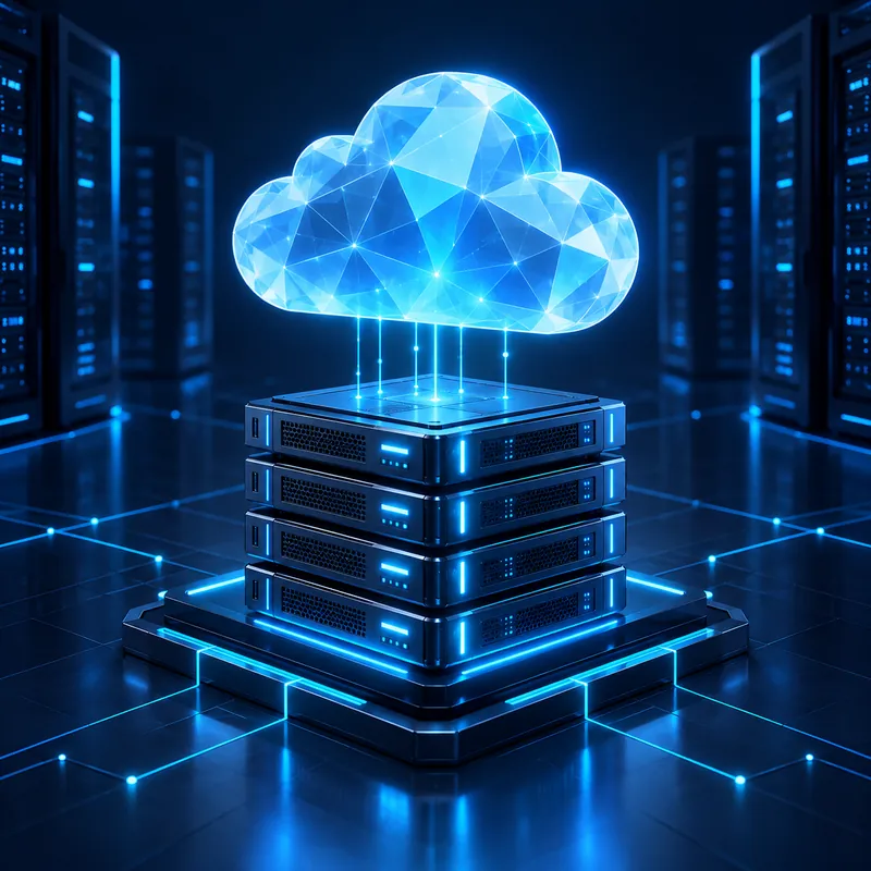 Awan geometri bercahaya di atas timbunan pelayan, disambungkan dengan garisan data sian.