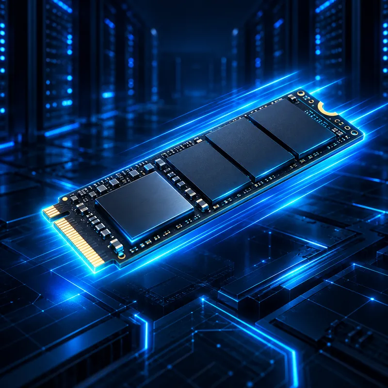 Modul storan NVMe M.2 dengan jejak cahaya biru yang menggambarkan kelajuan.