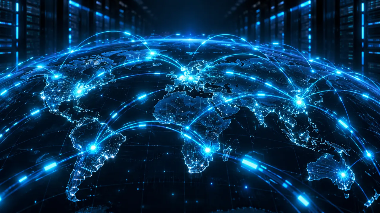 Glob digital dengan rangkaian nod dan laluan data bercahaya sian yang pantas.