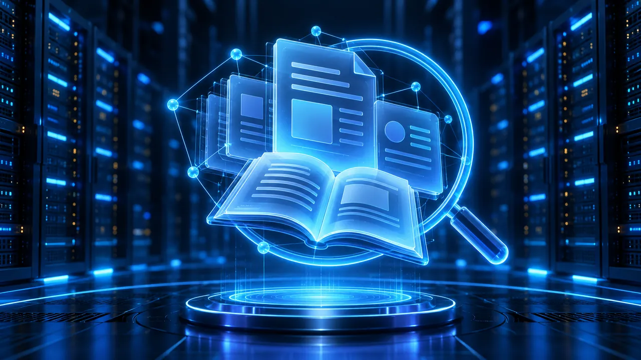 Dokumen dan buku holografik bersambung dengan kanta pembesar di pusat data.